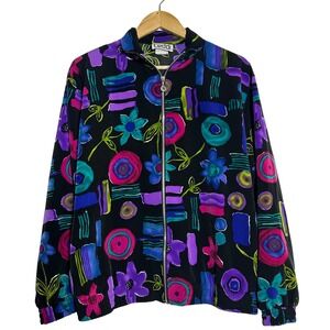90s Teddi Bomber Jacket XL Black Floral Abstract eclectic artsy Zip Up Vintage